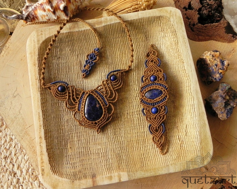 OOAK Gift for Woman Macrame Lapis Lazuli Boho Jewelry Set Tribal Bohemian Necklace Earthy Forest Elven Bracelet