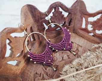 Burgundy Boho Hoop Earrings 'MADAI' | Micro Macrame Bohemian Jewelry | Big Hoops Rustic Earrings | Gypsy Golden Hoops | Unique Gift