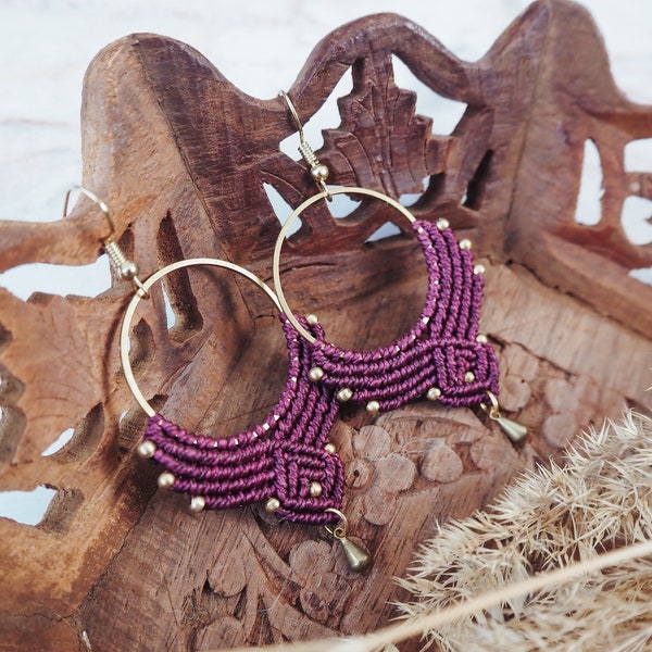 Burgundy Boho Hoop Earrings 'MADAI' | Micro Macrame Bohemian Jewelry | Big Hoops Rustic Earrings | Gypsy Golden Hoops | Unique Gift