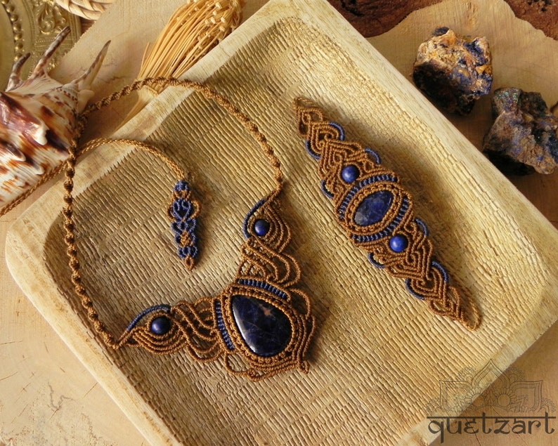 OOAK Gift for Woman Macrame Lapis Lazuli Boho Jewelry Set Tribal Bohemian Necklace Earthy Forest Elven Bracelet