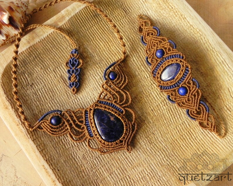 OOAK Gift for Woman Macrame Lapis Lazuli Boho Jewelry Set Tribal Bohemian Necklace Earthy Forest Elven Bracelet