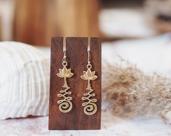 Unalome Earrings Lotus Earrings | Long Spiritual Bohemian Ethnic Jewelry | Modern Design Spiritual Tribal Golden Festival Ethical Fairy Wear