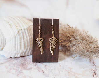 Fern Earrings | Long Leaf Earrings Golden Brass Bohemian Ethnic Forest Jewelry | Modern Design Spiritual Tribal Festival Ethical Fairy Wear