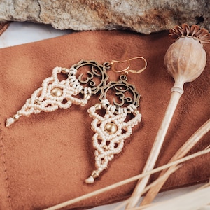 Boho Earrings Om Symbol Bohemian Jewelry Spiritual Gift for Yogi Hippie Long Beige Earrings Micro Macrame Sacred Geometry image 6