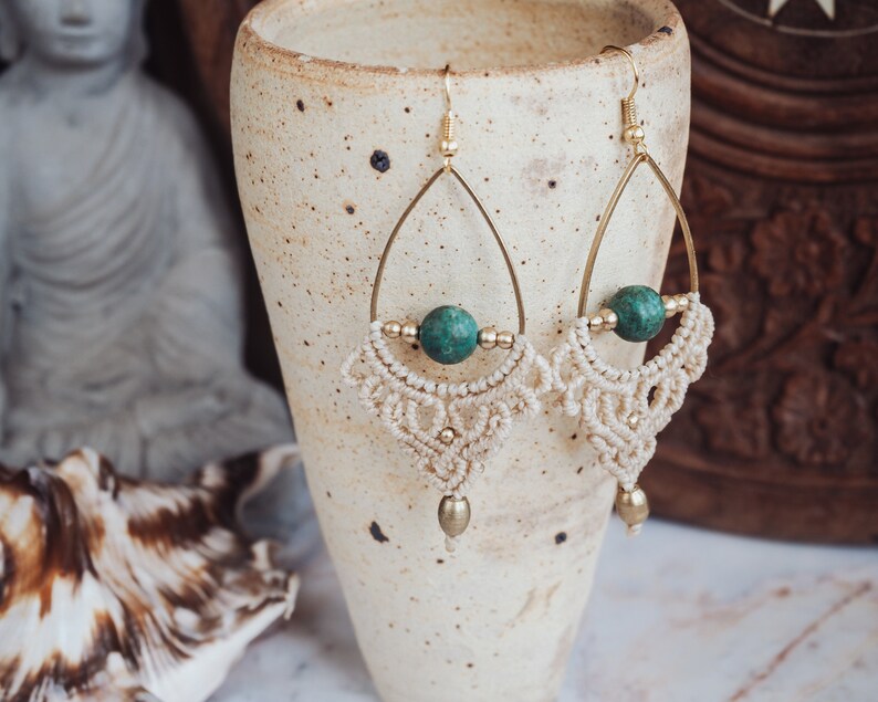 Beige Earrings with Turquoise 'UDAYA' Bohemian Micro Macrame Earrings with Green Stone Boho Jewelry Gemstone Earrings Beach Wedding image 6