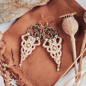 Boho Earrings Om Symbol Bohemian Jewelry Spiritual Gift for Yogi Hippie Long Beige Earrings Micro Macrame Sacred Geometry image 1