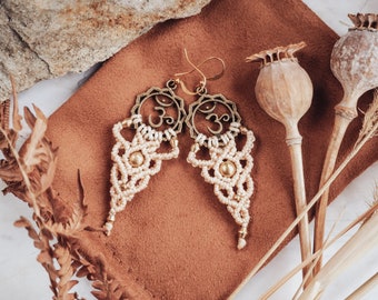 Boho Earrings | Om Symbol | Bohemian Jewelry | Spiritual Gift for Yogi | Hippie Long Beige Earrings | Micro Macrame | Sacred Geometry