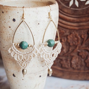 Beige Earrings with Turquoise 'UDAYA' Bohemian Micro Macrame Earrings with Green Stone Boho Jewelry Gemstone Earrings Beach Wedding image 8