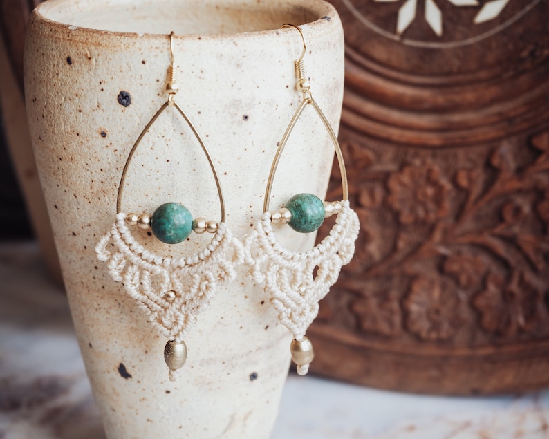 Beige Earrings with Turquoise 'UDAYA' Bohemian Micro Macrame Earrings with Green Stone Boho Jewelry Gemstone Earrings Beach Wedding image 8