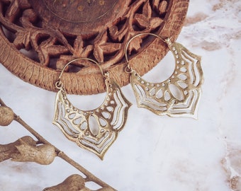 Mandala Brass Earrings | Bohemian Earrings | Hippie Tribal Jewelry | Gypsy Hoop Earrings | Ethnic Design | Artisan Gift for Women