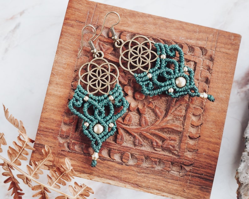 Macrame Boho Earrings 'VIMUKTI' Seed of Life Bohemian Fashion Tribal Ethnic Bellydance Spiritual Jewelry Micro Macrame image 5