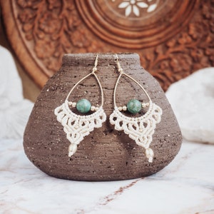 Beige Earrings with Turquoise 'UDAYA' Bohemian Micro Macrame Earrings with Green Stone Boho Jewelry Gemstone Earrings Beach Wedding image 1