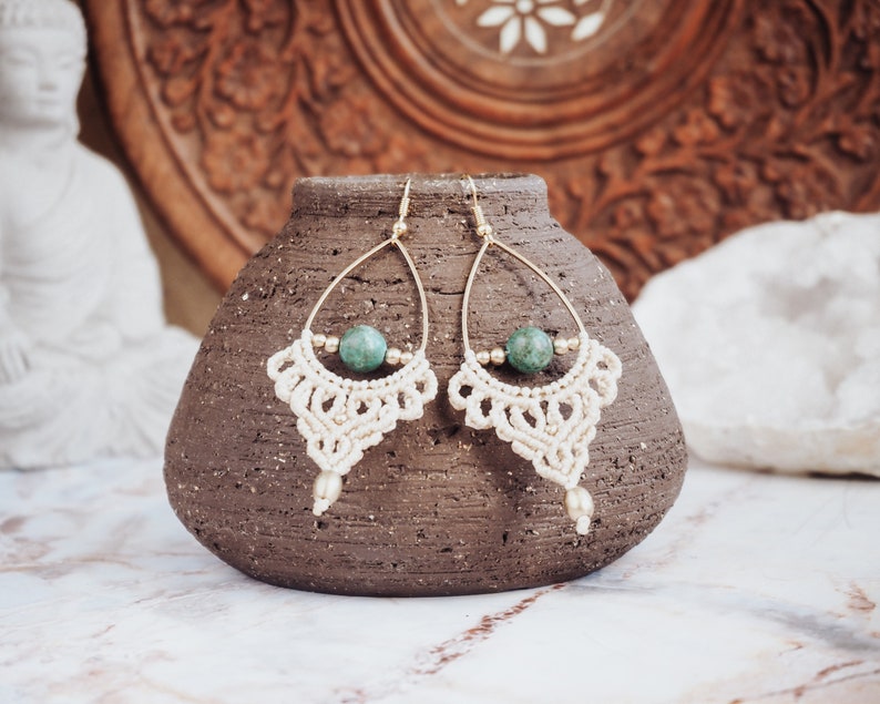 Beige Earrings with Turquoise 'UDAYA' Bohemian Micro Macrame Earrings with Green Stone Boho Jewelry Gemstone Earrings Beach Wedding image 1