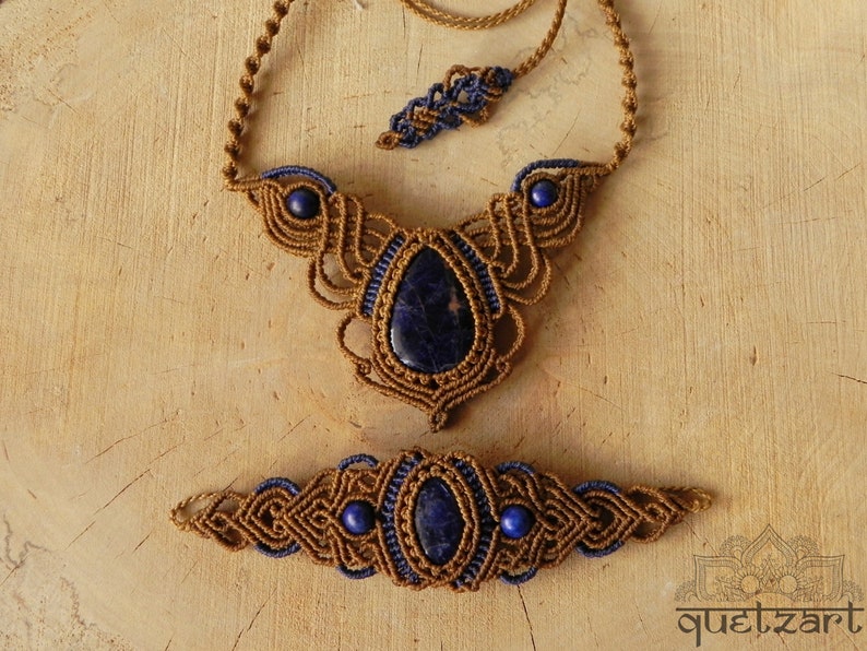 OOAK Gift for Woman Macrame Lapis Lazuli Boho Jewelry Set Tribal Bohemian Necklace Earthy Forest Elven Bracelet
