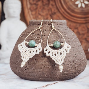 Beige Earrings with Turquoise 'UDAYA' Bohemian Micro Macrame Earrings with Green Stone Boho Jewelry Gemstone Earrings Beach Wedding image 5