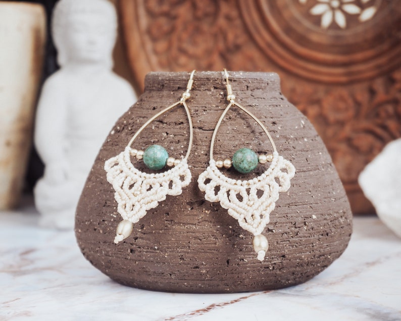 Beige Earrings with Turquoise 'UDAYA' Bohemian Micro Macrame Earrings with Green Stone Boho Jewelry Gemstone Earrings Beach Wedding image 5