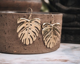 MONSTERA Brass Earrings | GOLDEN LEAF Earrings | Hippie Chic | Tribal Boho Jewelry | Belly Dance | Oriental Design | Artisan Gift for Women