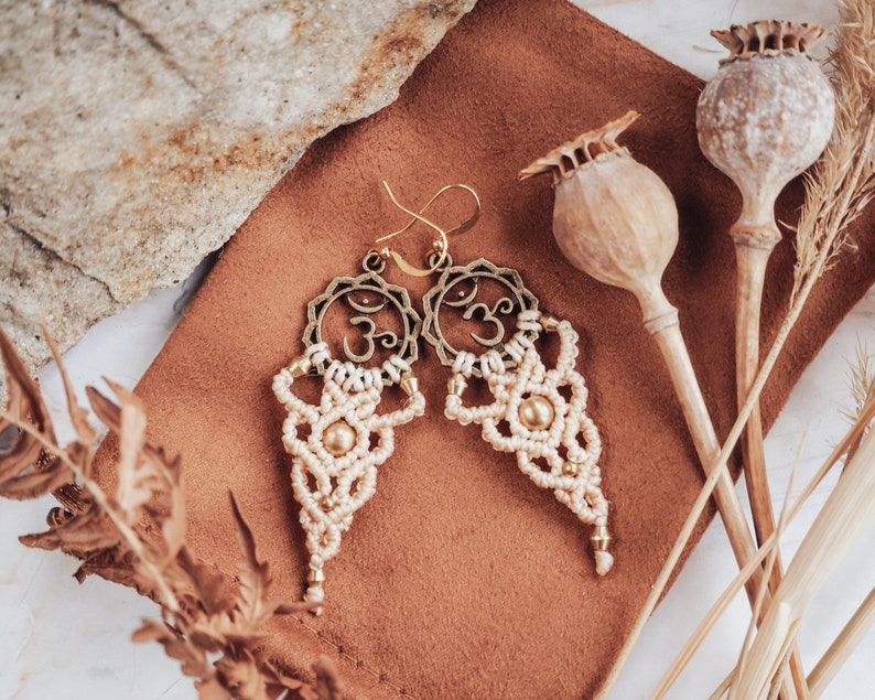 Boho Earrings Om Symbol Bohemian Jewelry Spiritual Gift for Yogi Hippie Long Beige Earrings Micro Macrame Sacred Geometry image 4