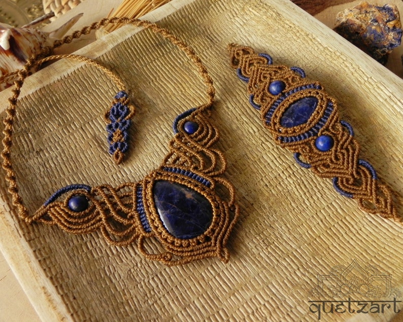 OOAK Gift for Woman Macrame Lapis Lazuli Boho Jewelry Set Tribal Bohemian Necklace Earthy Forest Elven Bracelet