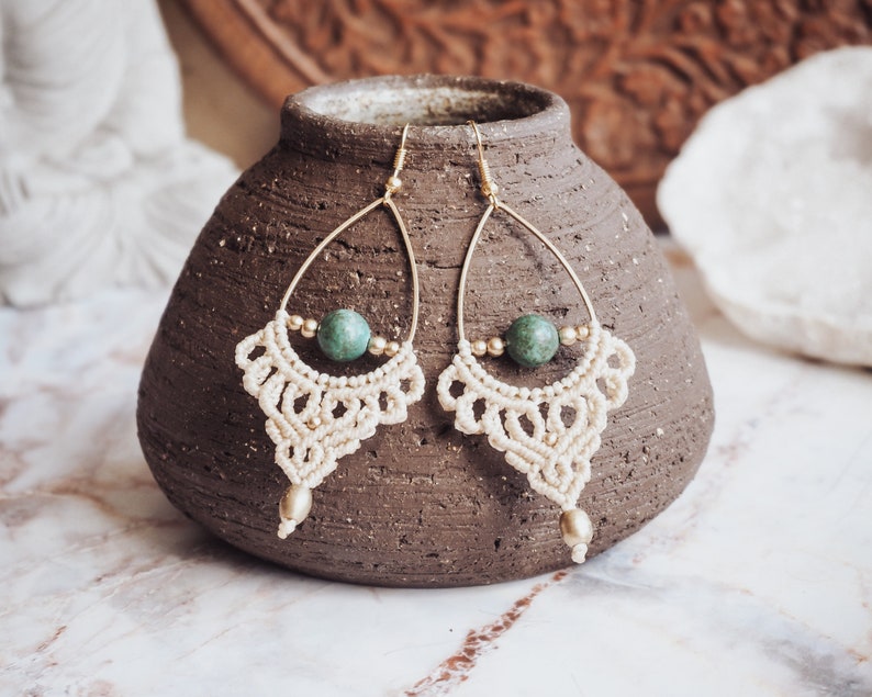 Beige Earrings with Turquoise 'UDAYA' Bohemian Micro Macrame Earrings with Green Stone Boho Jewelry Gemstone Earrings Beach Wedding image 3