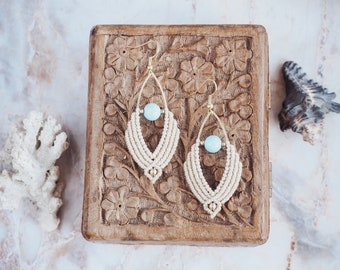 Micro Macrame Earrings: Blue Jade Stone, Indian Brass, Boho Tribal Style