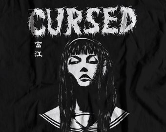 Cursed Girl - Japanese School Girl | Horror Manga | Horror Metal Font |  Heavy Metal Album Art | Gothic Girl | Creepy Tomie Unisex T-shirt