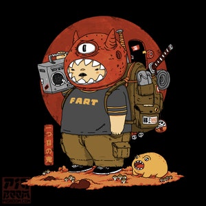 May include: A cartoon character wearing a red monster head with one eye and a backpack. The character is holding a boombox and wearing a grey shirt with the word "fart" printed on it. The character is standing on a red and orange background with mushrooms and a yellow frog.