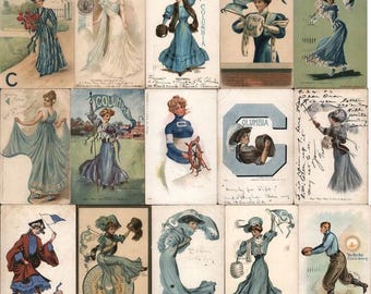 Lot of 15 Columbia University College Girls, Pennants, Flags, Football, Mascots Tuck Vintage Postcard