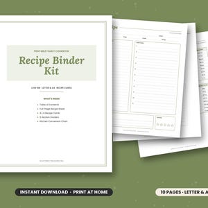 Recipe binder printable kit, recipe cards 4x6, full page recipe sheet, cookbook dividers, kitchen conversion chart, family cookbook