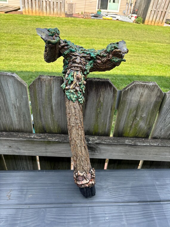 Green Man: Quartz Crystal Wand, Sceptre, Wall Decor,  Black Tourmaline, Wizard Staff