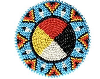 2.5 inch 4 Directions Seed Bead Rosette with tipis & eagle feathers beaded patch, medallion, Native Crafts, rosette applique, powwow supply