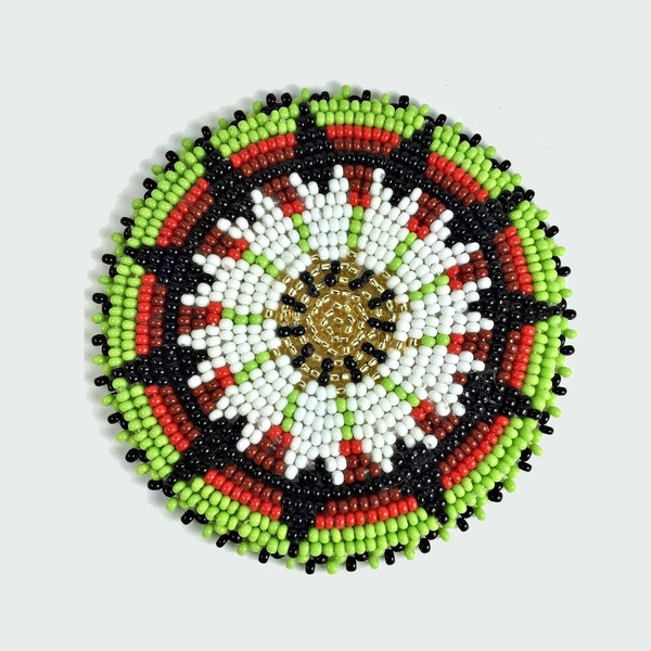 Green beaded patch, 2.5 inch Seed Bead Rosette,  Lime Green Morning star beaded rosette medallion, Tribal Native Crafts, pow wow supplies