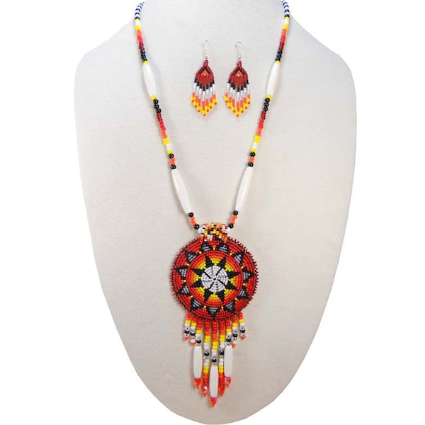 Fire Morning Star Beaded Medallion & Earrings Set, Handmade geometric unisex hairpipe beaded native crafts