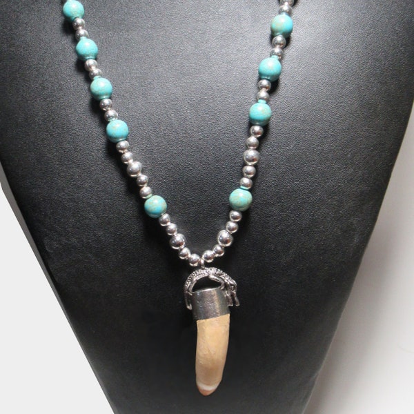 2 inch Alligator Tooth Necklace, 23" Gator Tooth Necklace, Turquoise and Silver Alligator Jewelry #7