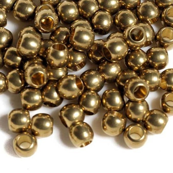 Brass Beads, Pkg 100, 6mm x 7mm, Hollow Old-Style Beads, Rounded Beads,  Large Hole Beads, Dreamcatcher Beads, Macramé Beads