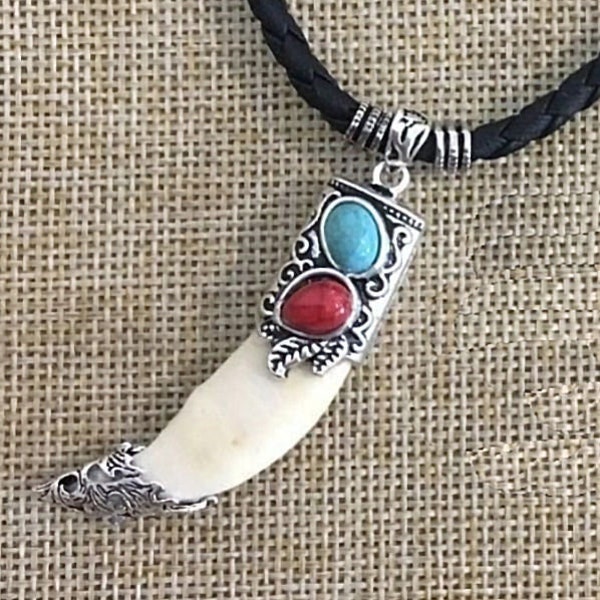 Wolf Tooth Pendant, Turquoise & Coral Capped Mountain Man Necklace, Animal Wolf Jewelry