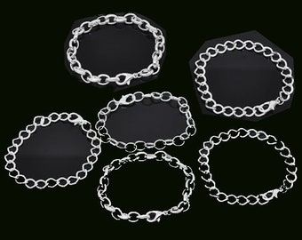 6 Silver Plated Bracelet Chains, 20 cm Lobster Clasp Link Chain Bracelets, Mixed Styles Charm Bracelet Chain