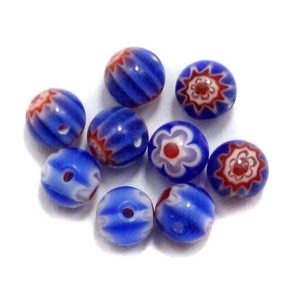 8mm Round Blue Layered Chevron Beads, African Trade Beads, Red White and Blue Glass Beads, Rendezvous, Pow Wows, Native American Style