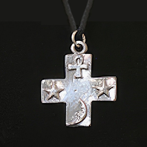 Celestial Cross Pewter Necklace, 1.25 inch Pendant on 18" black nylon cord