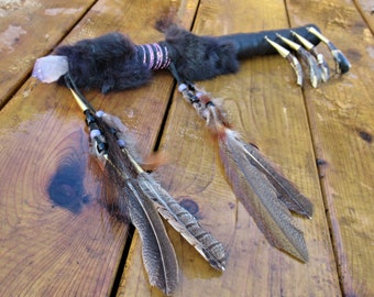 Amethyst Spirit wand with antique bison teeth, horse hair, black rabbit fur, and deerskin