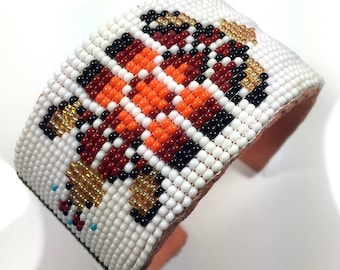 Beaded Orange Turtle Wide Cuff Bracelet, Native Crafts seed bead bracelet, Beaded cuff bracelet on leather, Navajo Style Cuff Bracelet