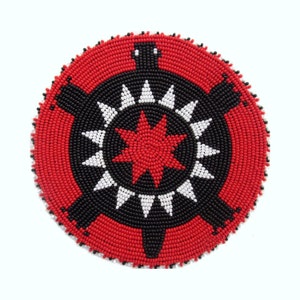 2.5 inch Seed Bead Rosette, Black and Red Turtle Beaded patch, beaded rosette medallion, Native Crafts, rosette applique, pow wow supplies