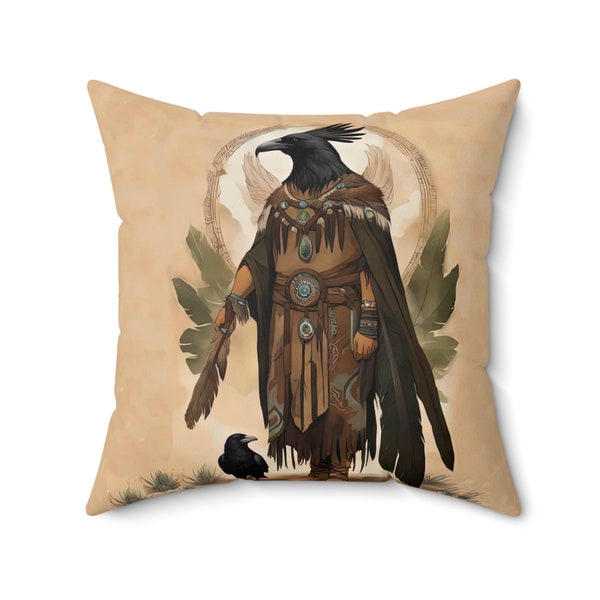 Raven Shape Shifter Spun Polyester Square Pillow, Native American Shaman Throw Pillow
