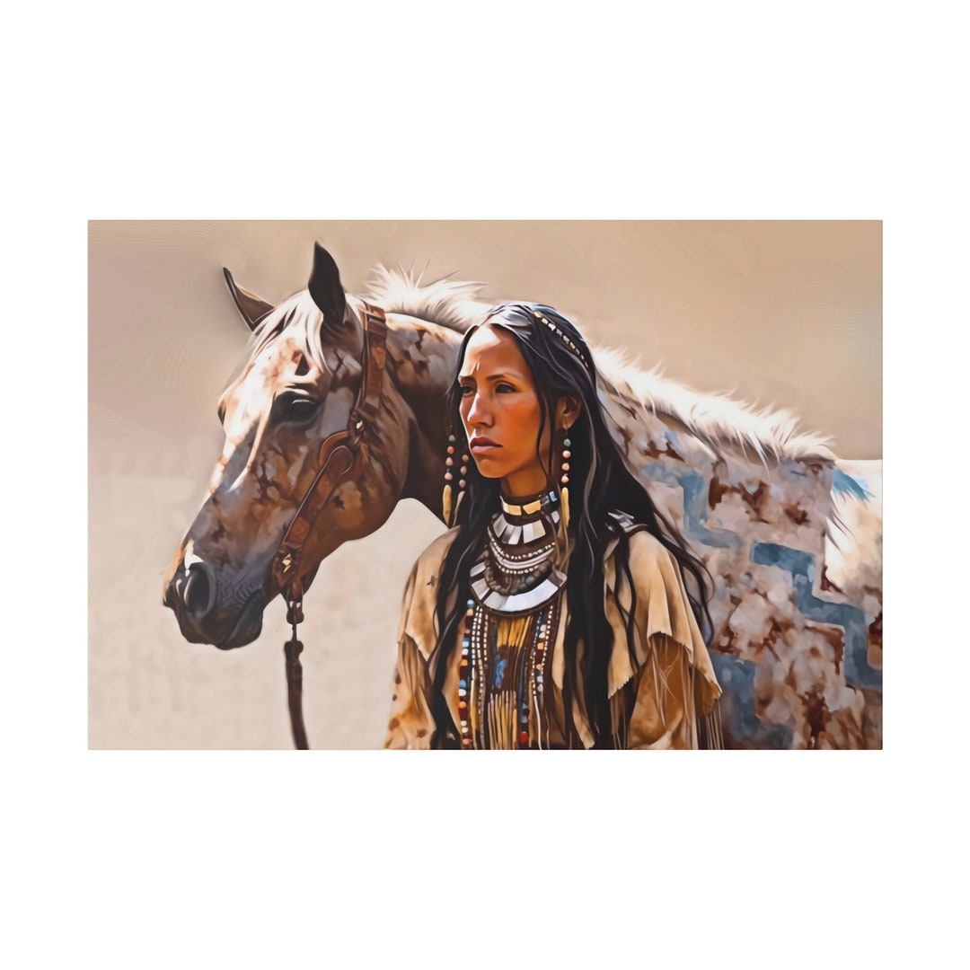 Warrior Woman and War Horse Canvas Art Print, Horses, Native American ...