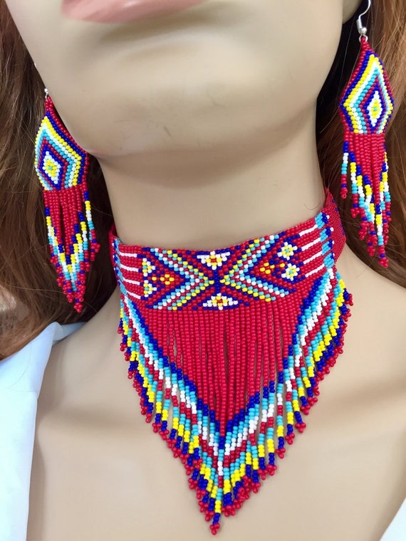 Red Beaded Choker Necklace & Earrings Set, Beaded 