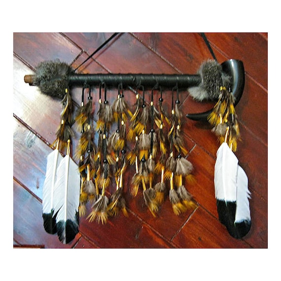 16&quot; Buffalo Horn Peace Pipe with Golden Pheasant and Eagle Feathers, Smokable Peacepipe Native American Artifact Replica