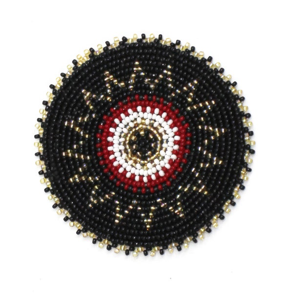 2.5 inch Seed Bead Rosette, Black, Gold and Red Beaded Rosette, patch, medallion, Native Crafts, applique, pow wow supplies