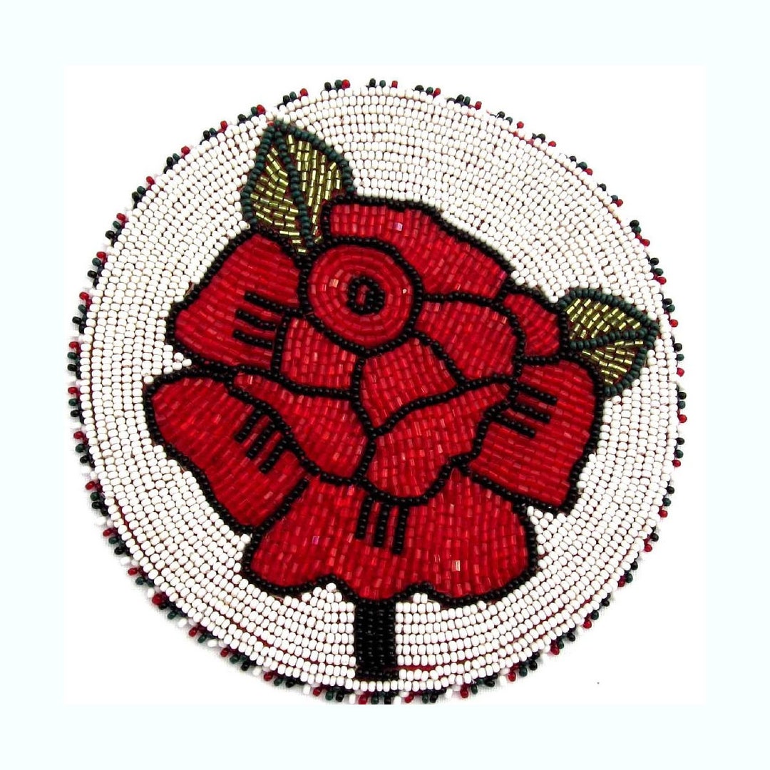 5 Inch Red Rose Seed Bead Rosette, Beaded Patch, Beaded Rosette