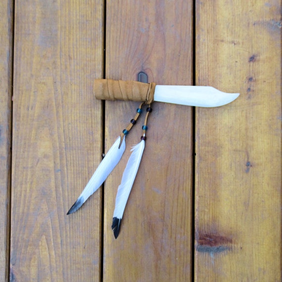 Buffalo Bone Knife With Deerskin and Mini Eagle Feathers Etsy