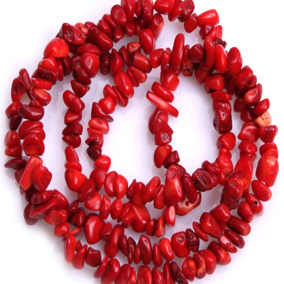 Dark Red Coral Chips 32 Inch Strand Irregular Red Nuggets for